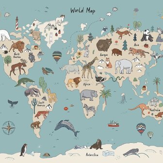 Wereldkaart fotobehang Dieren - Blauw Beige