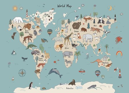 Wereldkaart fotobehang Dieren - Blauw Beige