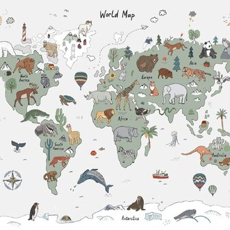 Wereldkaart fotobehang Dieren - Groen Grijs 