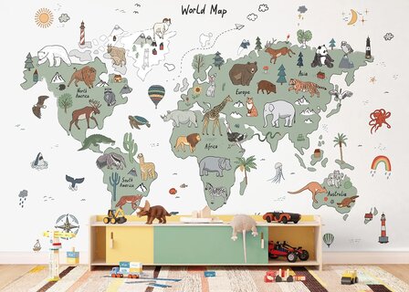 Wereldkaart fotobehang Dieren - Groen Grijs 