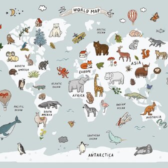 Wereldkaart fotobehang Dieren - Lichtblauw