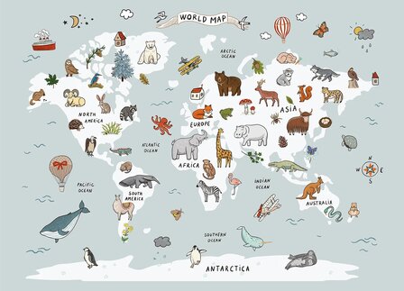 Wereldkaart fotobehang Dieren - Lichtblauw