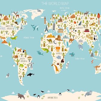 Wereldkaart fotobehang Dieren en Landmarks