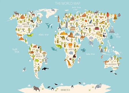 Wereldkaart fotobehang Dieren en Landmarks