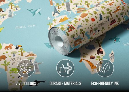 Wereldkaart fotobehang Dieren en Landmarks