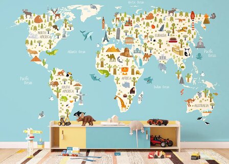 Wereldkaart fotobehang Dieren en Landmarks