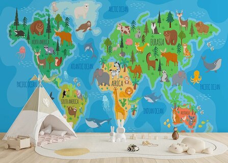 Wereldkaart fotobehang Dieren - Kleurrijk