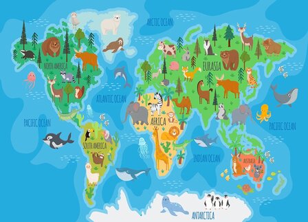 Wereldkaart fotobehang Dieren - Kleurrijk