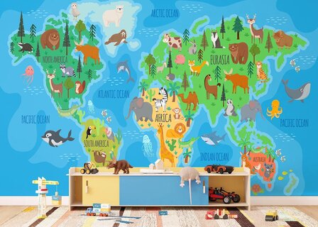 Wereldkaart fotobehang Dieren - Kleurrijk