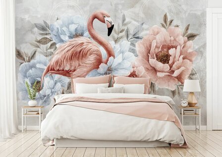 Fotobehang Flamingo met Bloemen 