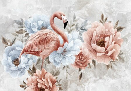 Fotobehang Flamingo met Bloemen 