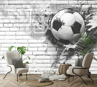 Zwart-Wit Voetbal fotobehang Graffiti Muur