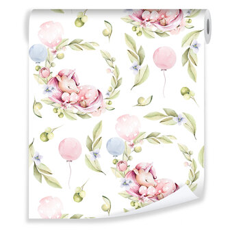 Vliesbehang &ndash; Slapende eenhoorns met bloemen | Roze