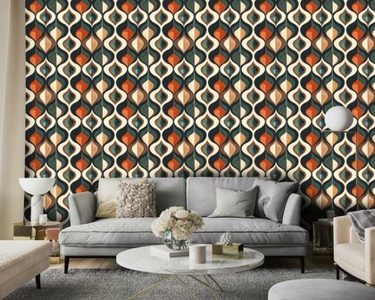 Vliesbehang &ndash; Retro grafisch design | Groen &amp; Terracotta