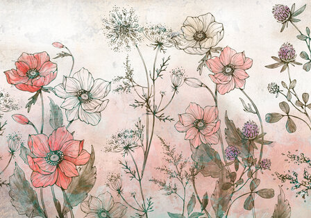 Aquarel Veldbloemen fotobehang Roze