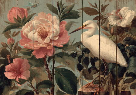 Reiger tussen Bloemen &ndash; Vintage Fotobehang