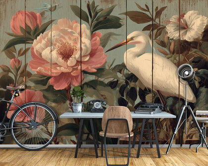 Reiger tussen Bloemen &ndash; Vintage Fotobehang