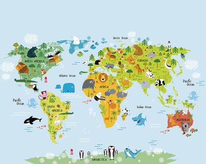 Wereldkaart vliesbehang met dieren