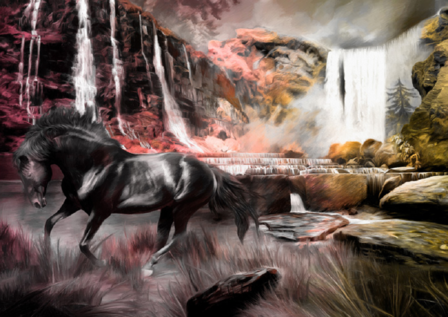 Fotobehang Paard bij de waterval - Roze