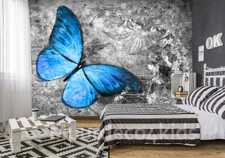 Vlinder behang blauw grijs
