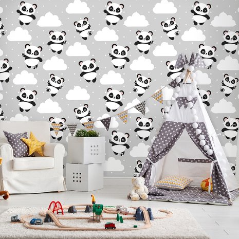 Baby Panda beertjes behang Wolkjes