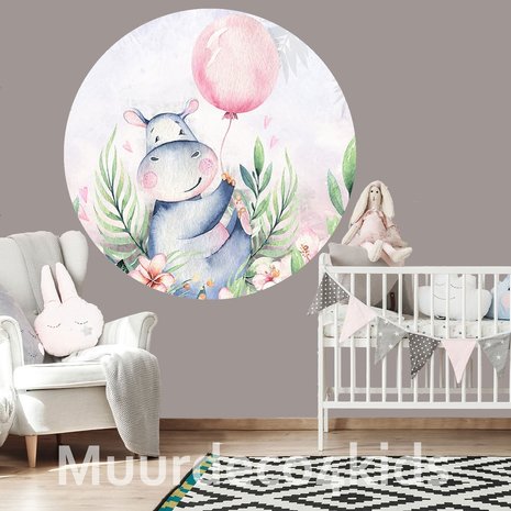 Muurcirkel babykamer Nijlpaardje met ballon