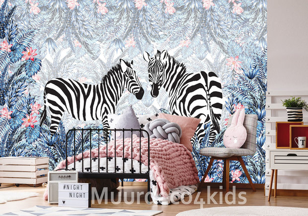 Zebra jungle behang blauw