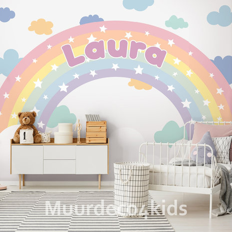 Regenboog met naam behang babykamer