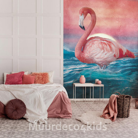 Gemaakt van Vermenigvuldiging verhaal Grote roze Flamingo behang | fotobehang | Muurdeco4kids