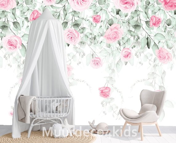 Babykamer behang Aquarel Roze rozen en bladeren 