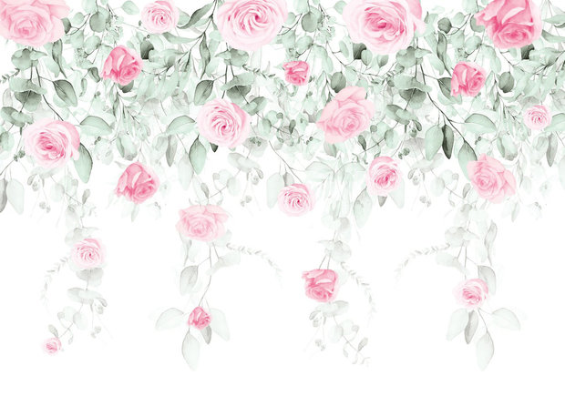 Aquarel behang Roze rozen en bladeren 