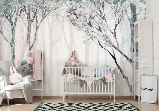 Aquarel bos behang babykamer