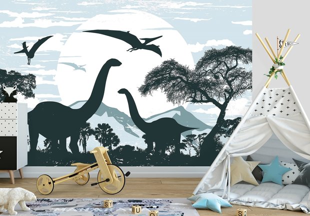 Blauw Dinosaurus behang kinderkamer