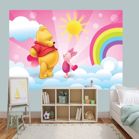 Winnie the Poo behang Roze met Regenboog 