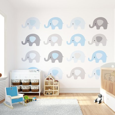 Babykamer vlies behang Blauwe Olifantjes XL