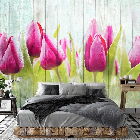 Tulpen behang houten planken
