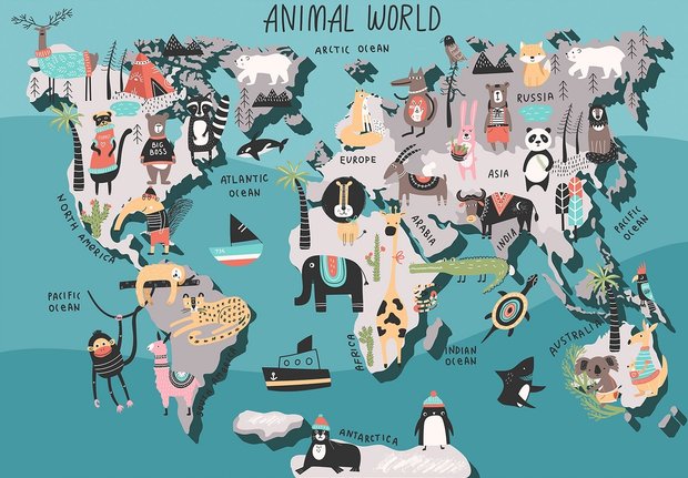 Wereldkaart behang Animal World