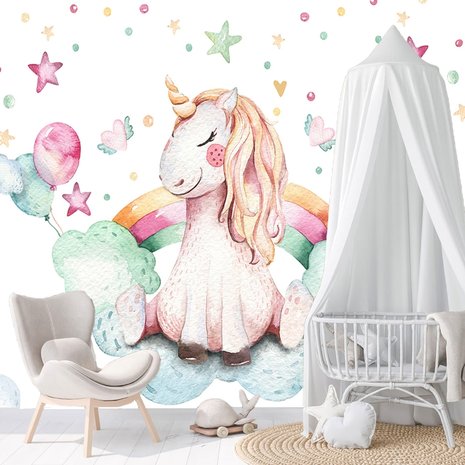 Eenhoorn aquarel behang babykamer