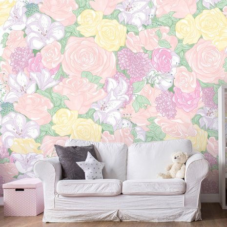 Pastel bloemen behang kinderkamer