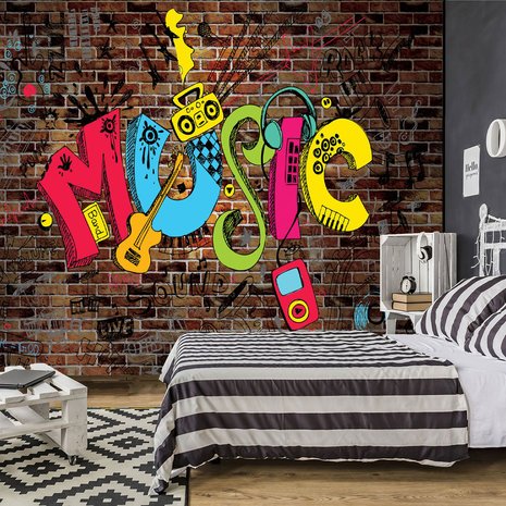 Junior Maakte zich klaar sociaal Graffiti fotobehang Music II op stenen muur