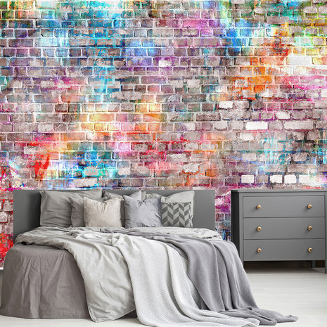 Gekleurde stenen muur behang slaapkamer
