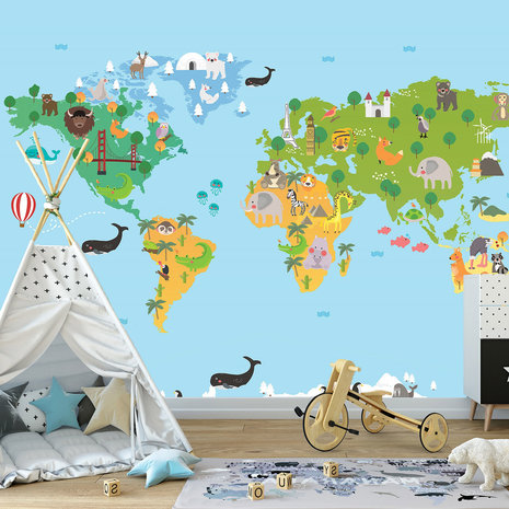 Wereldkaart behang met dieren
