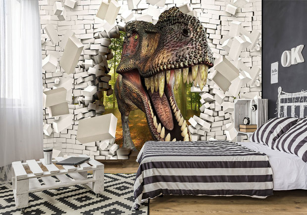 3D fotobehang T-rex door stenen muur