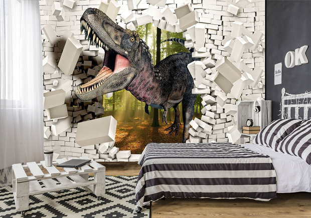 3D fotobehang Dinosaurus door stenen muur