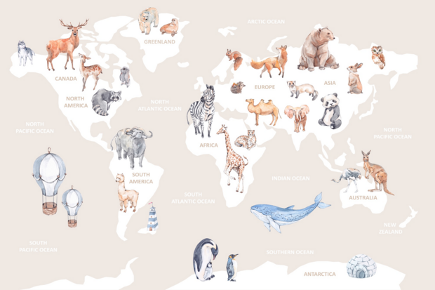 Dieren Wereldkaart fotobehang Creme VINYL