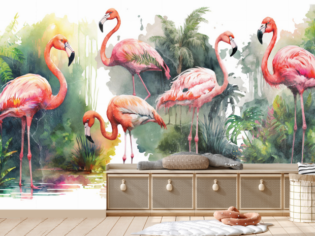 Aquarel fotobehang Flamingo's