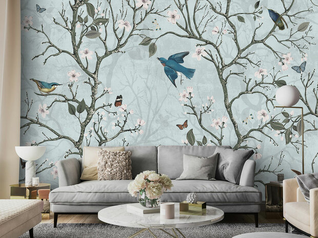 blauw behang met vogels