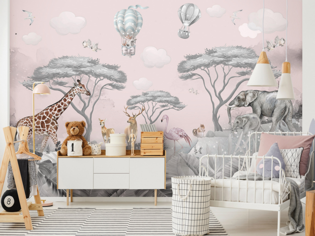 Kinderkamer Jungle Safari behang Roze Grijs