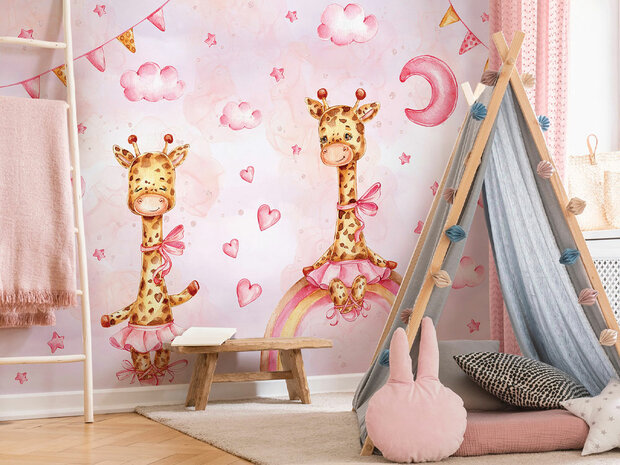 Roze Giraffe behang kinderkamer