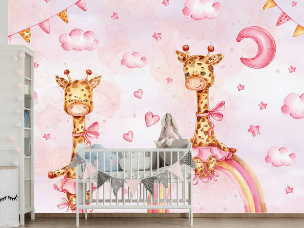 Roze Giraffe behang kinderkamer